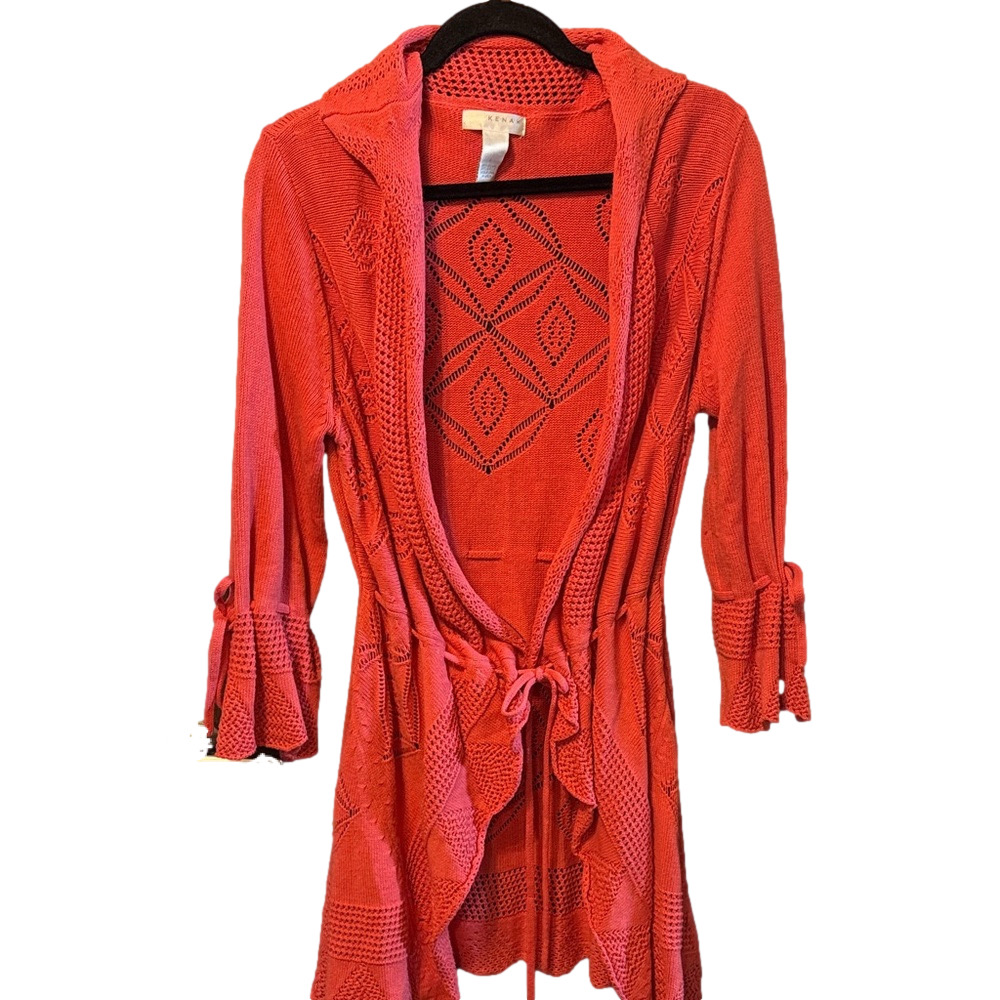 Kenar Coral Open-Front Knit Lightweight Textured Pattern Draped Cardigan Sweater
